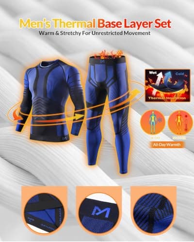 MeetHoo Mens Thermal Underwear Set Seamless Fleece Lined Base Layer Sports Long Johns Winter Gear Running Skiing Blue - Thumbnail 2