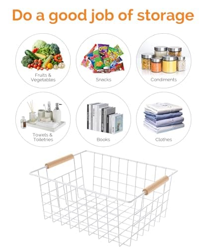 Wire Basket with Wooden Handle, Metal Utility Storage Basket for Organizing Kitchen Pantry Cabinets, Closet and Garage Shelves Drawers, Office Metal Basket Storage Organizer with Handle (White 2 Pack) - Thumbnail 6