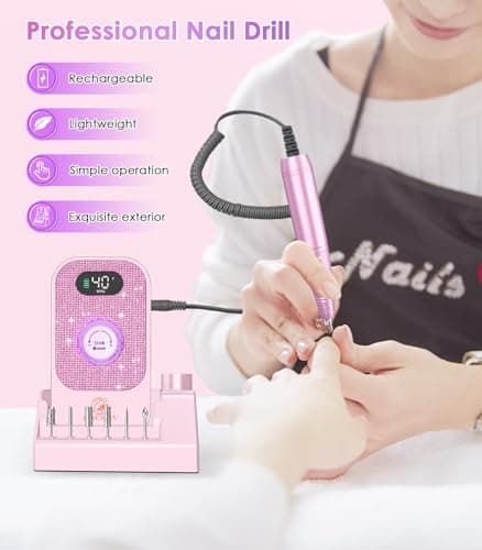Portable Nail Drill Electric File: Professional Nail E File Machine 40000RPM Rechargeable Cordless Pink Diamond Nail Drill with Bits & Base for for Acrylic Nails Remove Gel Polish Manicure, Salon Home - Thumbnail 4