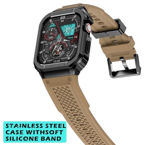 Deczone Band with Stainless Steel Case Compatible with Apple Watch Series 9 8 7 SE 3 2 1/6 5 4 S 3 2 1 41mm 40mm 38mm Band, iwatch Bands Rugged Protective Metal Cover for Men (Tan) - Thumbnail 2