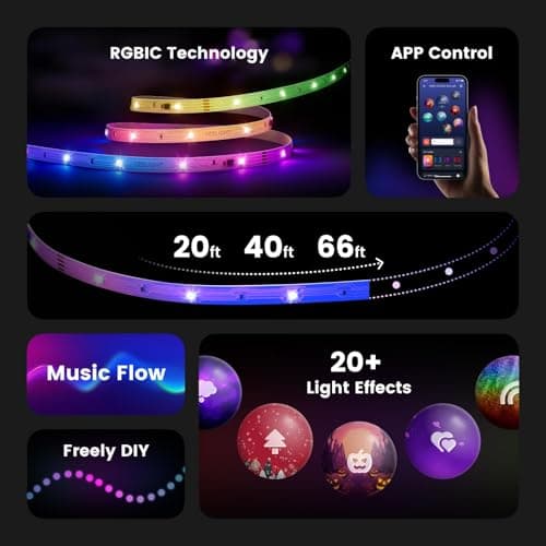 YEELIGHT LED Strip Lights, 66FT Smart Light Strips with 360 LEDs & Music Sync, RGB Color Changing Light with Bluetooth Connected and APP Control, Lights for Bedroom, Home Room Decor, Party, 2x33FT - Thumbnail 2