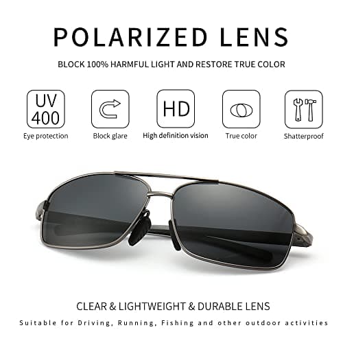 SUNGAIT Ultra Lightweight Rectangular Polarized Sunglasses Men UV400 Protection (Gunmetal Frame Gray Lens, 62) Metal Frame SGT458 QKH-CA - Thumbnail 2