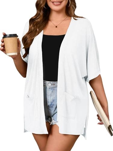 AusLook Plus Size White Cardigan for Women 2X Short Sleeve Lightweight Open Front Shrug with Pockets for Dresses and Layering - Image 1
