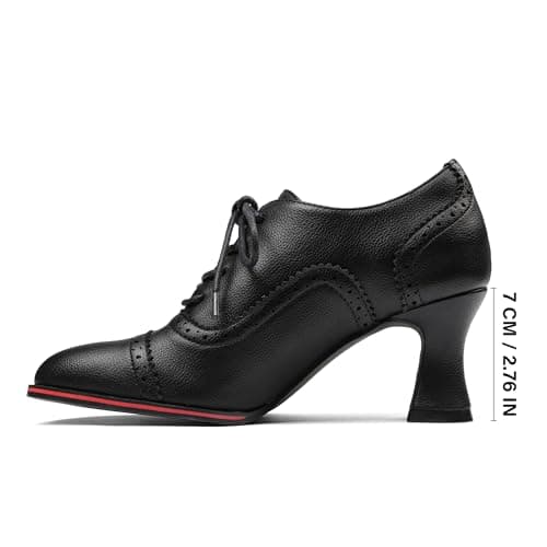 Yremael Women's Black Oxfords Dress Wingtip Vintage Comfortable Chunky High Heel Lace Up Brogues Booties - Thumbnail 2
