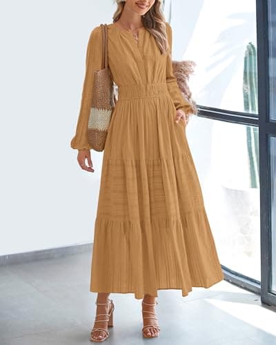 BTFBM Spring Dresses for Women 2026 Casual Long Sleeve V Neck Elastic Waist Lightweight Maxi Wedding Guest Dress Pockets(Khaki, Large) - Thumbnail 2