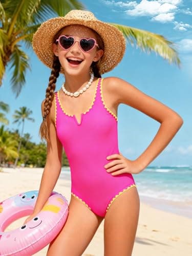 AMAWMW Girls Swimsuit One Piece Swimsuits Contrast Color V-Neck Bathing Suit Adjustable Straps Kids Swimwear Rosered 7-8Y - Thumbnail 2