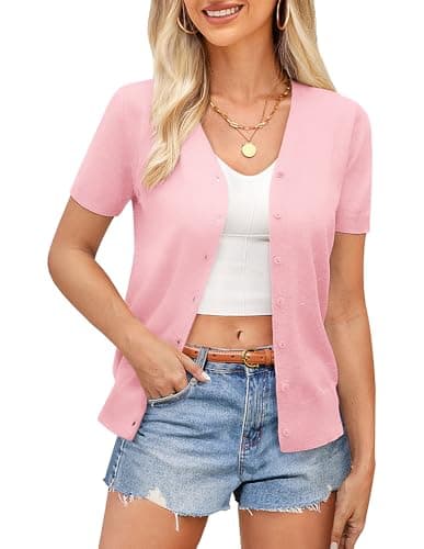 GRACE KARIN Womens Lightweight Summer Cropped Cardigan Business Casual Short Sleeve Cardigan Sweaters for Women Fashion Clothing (Pink,2XL) - Image 1