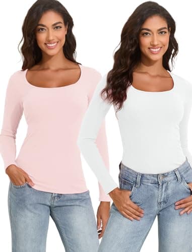 YYA 2 Piece Basic Long Sleeve Shirts for Women Thermal Warm Tops Crew Neck Stretch Fitted Undershirts Layer Tee White&Pink M - Image 1