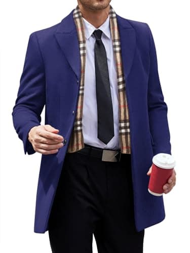 Runcati Men's Pea Coat with Detachable Plaid Scarfs Fall Single Breasted Wool Blend Trench Coat Winter Overcoat