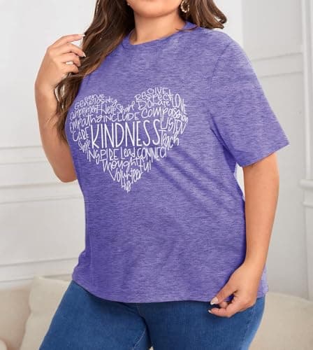 Anbech Women Plus Size Kindness Shirt Cute Heart Graphic Tees Short Sleeve Teacher Tops (Purple, 3X) - Thumbnail 2