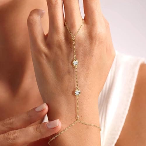 BAYLAY Hand Chain, Ring Bracelet Hand Chain 14K Gold Plated CZ Finger Ring Slave Bracelets Dainty Gold Bracelet for Women Zircon Hands Jewelry for Women Summer Essentials Boho Beach Gifts Trendy Stuff - Thumbnail 3