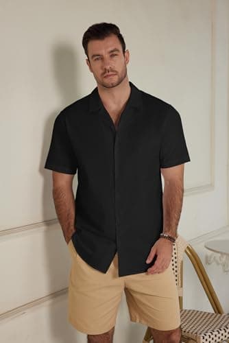 JEKAOYI Mens Casual Cotton Linen Button Down Short Sleeve Shirts Summer Cuban Camp Beach Shirts Vacation Wedding Shirt Black - Thumbnail 5