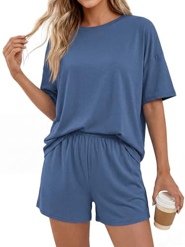 BTFBM 2 Piece Short Sets For Women 2026 Summer Airport Travel Vacation Outfits Loose Matching Clothing Spring Lounge Set(Grey Blue, Small) - Thumbnail 2