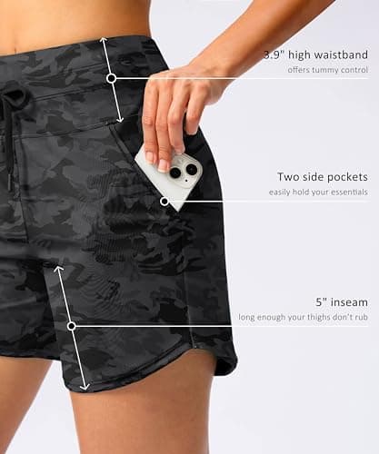 Viodia Women's 5" High Waisted Swim Board Shorts Quick Dry Beach Shorts with Pockets UPF 50+ Swimsuit Bottoms with Liner Black camo L - Thumbnail 5