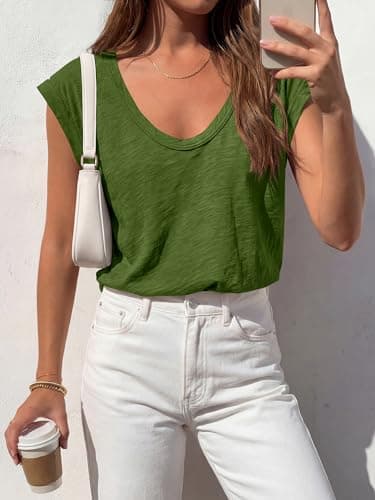 BTFBM Womens Tops Going Out Casual Oversized Summer Basic Tees 2026 V Neck T Shirts Trendy Blouse(Green,Medium) - Thumbnail 3