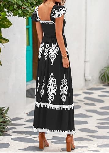 BTFBM Summer Dresses for Women 2026 Casual Floral Boho Sleeveless Square Neck A Line Flowy Beach Maxi Sundress Pockets(Black White Flower, Medium) - Thumbnail 3