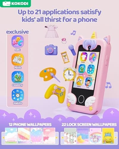 KOKODI Kids Smart Phone, Touchscreen HD Dual Camera Cell Phone for Kids, Christmas Birthday Gifts Dinosaur Child Play Phone for Girls 3-10, Travel Toy Preschool Learning Education Toy - Thumbnail 6
