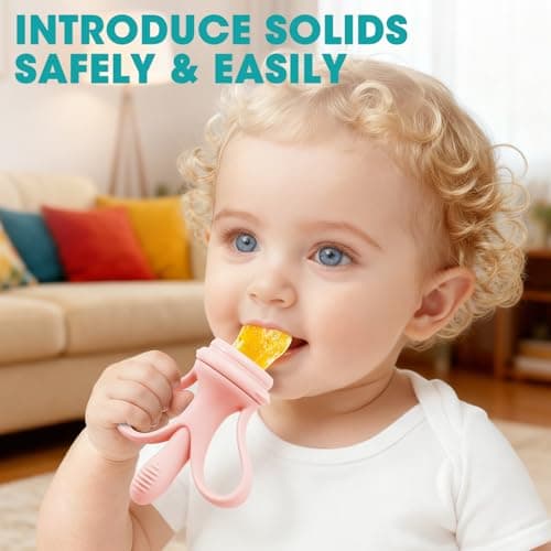 JEXFUN Baby Fruit Feeder & Breastmilk Popsicle Mold Set, Silicone Food Feeder Pacifier for Cooling Relief with 3 Replaceable Pouches, BPA-Free Teething Toy for Safe Infant Self Feeding (Pinkish) - Thumbnail 2