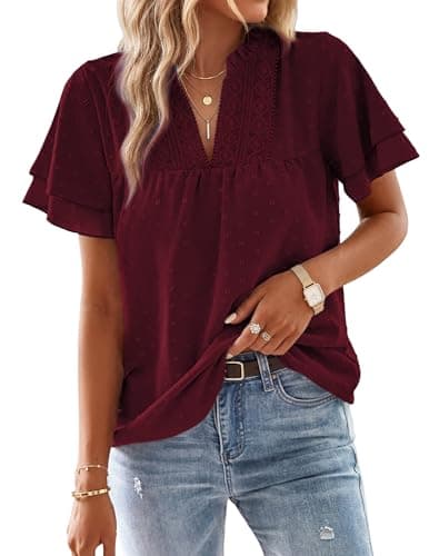 Aprolive Women's Summer Swiss Dot Blouses Dressy Casual V Neck Ruffle Short Sleeve Shirts Boho Flowy Tops (Burgundy, L) - Image 1