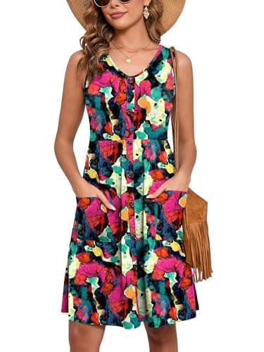 Heymoments Women Summer Dress Multicolored XX-Large Sleeveless V Neck Casual Cute Loose Sundress Comfy Swing Button Down Midi Work Flowy Tunic Ladies Beach Vacation Teacher Dresses with Pockets - Image 1