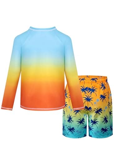 Belovance Boys Two Piece Rash Guard Swim Set Kids Long Sleeve Bathing Suit Swimwear Shirt with Trunks Swimming Suits Surfing Beach Clothes Quick Dry Size 9 10 Blue Orange Coconut Tree - Thumbnail 3