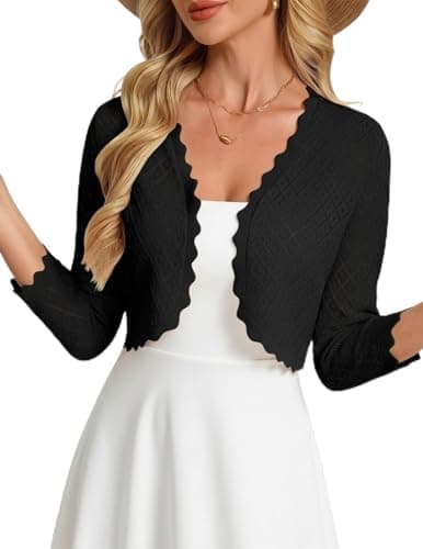 GRACE KARIN Womens Fashion Bolero Shrug 3/4 Sleeve Crochet Cropped Cardigan Open Front Knit Shrugs for Dresses(Black,S) - Image 1