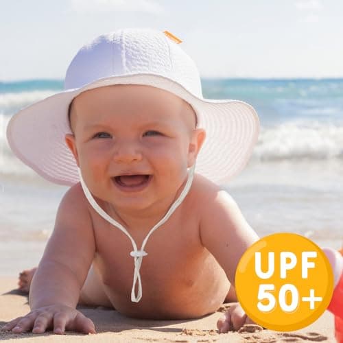 Baby Sun Hat Toddler Girl Beach Hat Adjustable Outdoor Summer Hat UPF 50+ Sun Protection Wide Brim Infant Kids (US, Age, 6 Months, 24 Months, Pink/White) - Thumbnail 2