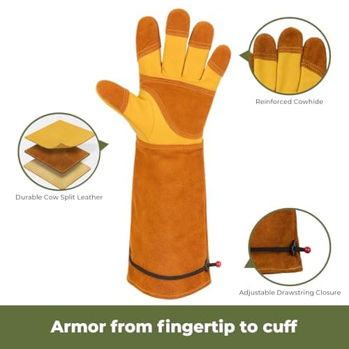 Aegend Long Gardening Gloves for Men, Reinforced Fingertips Cowhide Leather, Elbow-Length Gauntlet Cuff, Breathable & Durable for Yard Work Fit for Large Hands (Gold Yellow, XL) - Thumbnail 3