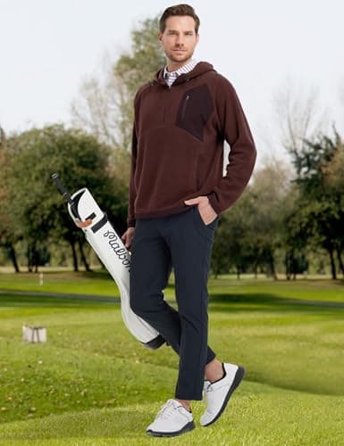 M MAELREG Mens Quarter Zip Hoodie Heavyweight Microfleece Warm Casual Hooded Golf Quarter Zip Fleece Hoodie Men Wine Red - Thumbnail 3
