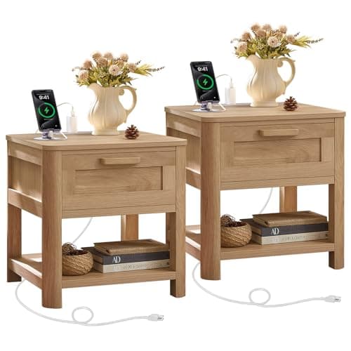 Joaxswe Farmhouse Side Table Set of 2 Living Room, Natural Wood