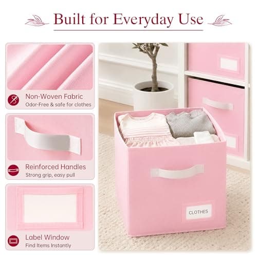 Stowsia Storage Cubes 10 Pack, 11 Inch Fabric Storage Bins Organizer with Labels, Odor-Free & Sturdy PP Structure, Collapsible Cubby Baskets for Closet, Shelves, Toys & Nursery (Pink) - Thumbnail 3