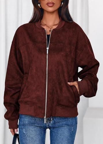 Lazysmile Women's Faux Suede Bomber Jackets Fall Fashion Outfits Winter Clothes Stand Collar Zip Up Coats Outwear with Pockets - Thumbnail 5
