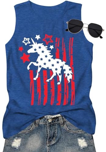 4th of July Unicorn Tank Top Women - Patriotic American Flag Sleeveless Shirt Cute USA Unicorn Tee Top - Image 1