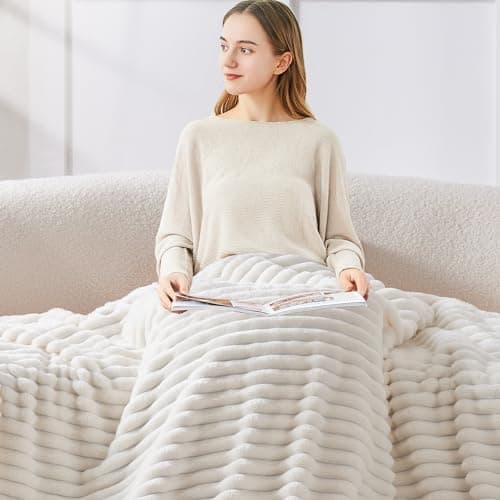 BEDELITE Twin Blanket for Couch & Bed, 300GSM Soft & Warm Fleece Blanket, Decorative and Giftable Striped Cream White Blankets for Women, Men, 60"x80" - Thumbnail 3
