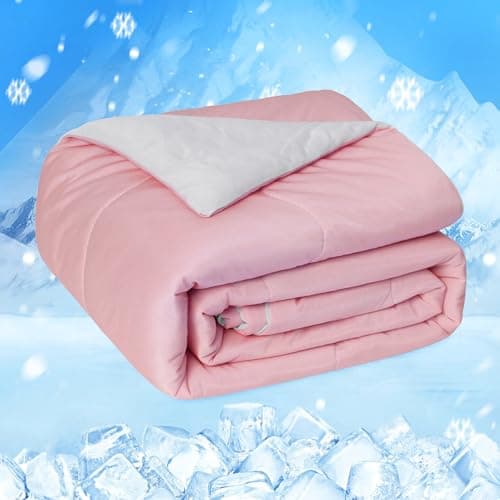 HOMFINE Cooling Comforter Japanese Double-Sided Cold Tech Fabric Cooling Blanket for Night Sweats Hot Sleepers, Q-Max 0.45 Soft Breathable Silk Smooth Lightweight Pink Summer Comforter Twin - Image 1