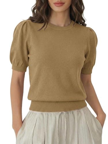 LaGracia Womens Cropped Sweater Puff Short Sleeve Spring Summer Work Tops Crew Neck Sweaters Khaki 2XL - Image 1