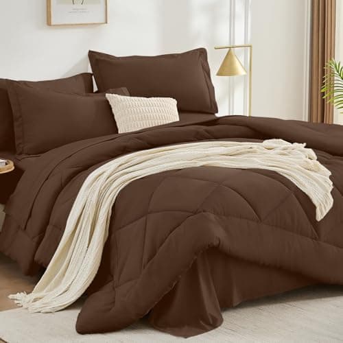 FUANNA 7 Pieces Queen Comforter Set, All Season Bed in a Bag Queen Size, Luxury Soft Bedding Sets with Comforter, Flat Sheet, Fitted Sheet, Pillowcases & Pillow Shams, Dark Brown - Image 1