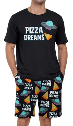 PrinStory Men's Pizza Dreams Pajama Set, Funny Pizza Graphic Tee and Printed Shorts, Novelty Sleepwear Loungewear Set for Home, Food Lover Gift, Navy S - Thumbnail 2
