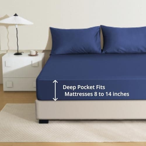 King Fitted Sheet Only with Drawstring and 360° Elastic Strap for Tight Fit, 100% Long-Staple Cotton Navy Fitted King Sheet, Luxury Soft and Comfort, No Slippage, Deep Pocket Fits 8" to 16" Mattress - Thumbnail 4