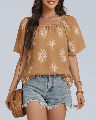 IEEILULU Boho Tops for Women Summer Square Neck Floral Print Loose Fit Blouses Tunic Casual Beach Vacation Shirts Yellow White XL - Thumbnail 4