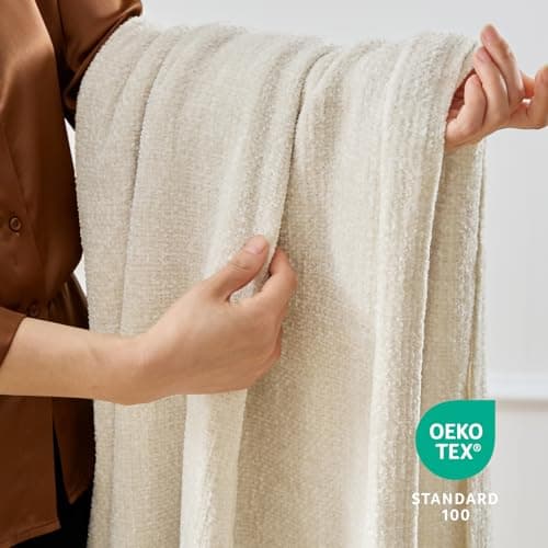 BEDELITE Chenille Throw Blanket for Couch and Sofa, Soft Cozy Knit Blanket, Warm Lightweight, Breathable All Season, Farmhouse Boho Fringe Throw, 50"x60", Cream - Thumbnail 6