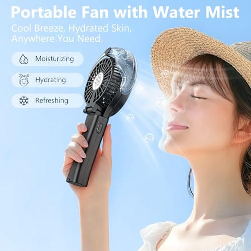 WITHOUSE 6000mAh Portable Handheld Misting Fan as Backup Power, 50ml XL Water Tank, 20H Runtime 3 Speeds, 180° Foldable Rechargeable Mist Fan for Travel, Outdoors, Makeup - Black - Thumbnail 2