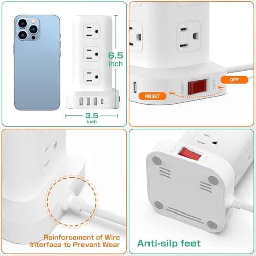 Tower Surge Protector Power Strip with USB 12 Outlets with 4 USB Ports (1 USB C), 10FT Extension Cord Multi Plug Outlet Extender Overload Protection for Home Office - Thumbnail 5
