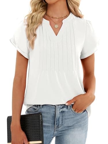 Funlingo Dressy Casual Tops for Women Short Ruffle Sleeve Business Work Blouse 2026 Spring Professional Office Pleated White Shirts M - Thumbnail 2