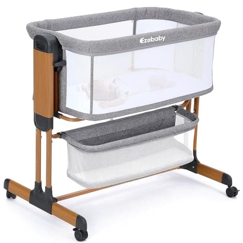 Ezebaby 3-in-1 Baby Bassinet, Rocking Baby Bassinets Bedside Sleeper, Adjustable Portable Crib for Newborn Infant with Wheels Storage Basket and Mesh Sides - Image 1