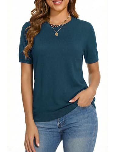LaGracia Cashmere Sweaters for Women Crewneck Short Sleeve Basic Casual Lightweight Sweater Spring Top Aquamarine XL - Image 1
