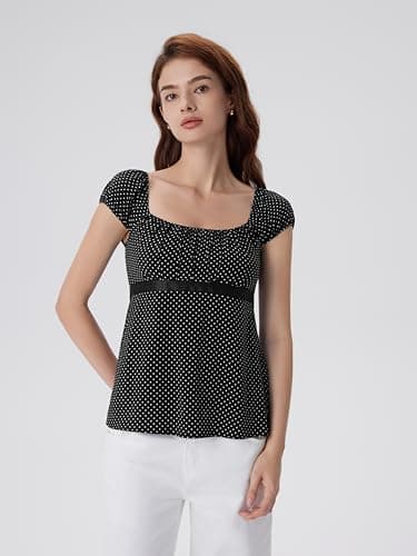 SUUKSESS Women Square Neck Babydoll Tops Summer Cute Y2K Peplum Shirts Cap Sleeve Going Out Tops(Black Polka Dots, XS) - Thumbnail 2