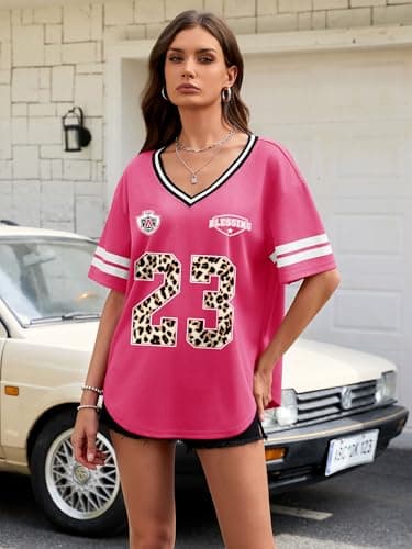 TAKEYAL Jersey Shirts for Women Oversized V Neck Tshirts Graphic Tees Y2K Vintage Summer Tops Trendy Medium Pink - Thumbnail 3