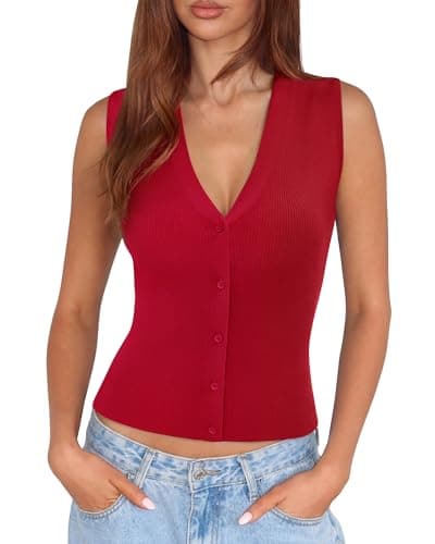 SUUKSESS Women Sleeveless Sweater Tops Summer V Neck Button Down Vest Tops Business Casual Work Shirts (Red, L) - Image 1