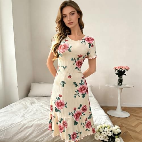 Eternatastic Women's Floral Print Short Sleeve Nightgown Crew Neck House Dresses Loungewear Ribbed Sleep Dress Nightshirt M Beige - Thumbnail 4